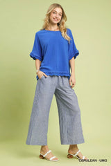 Umgee Linen Frayed Hem Scallop Edge Top - Trendsi - Flyclothing LLC