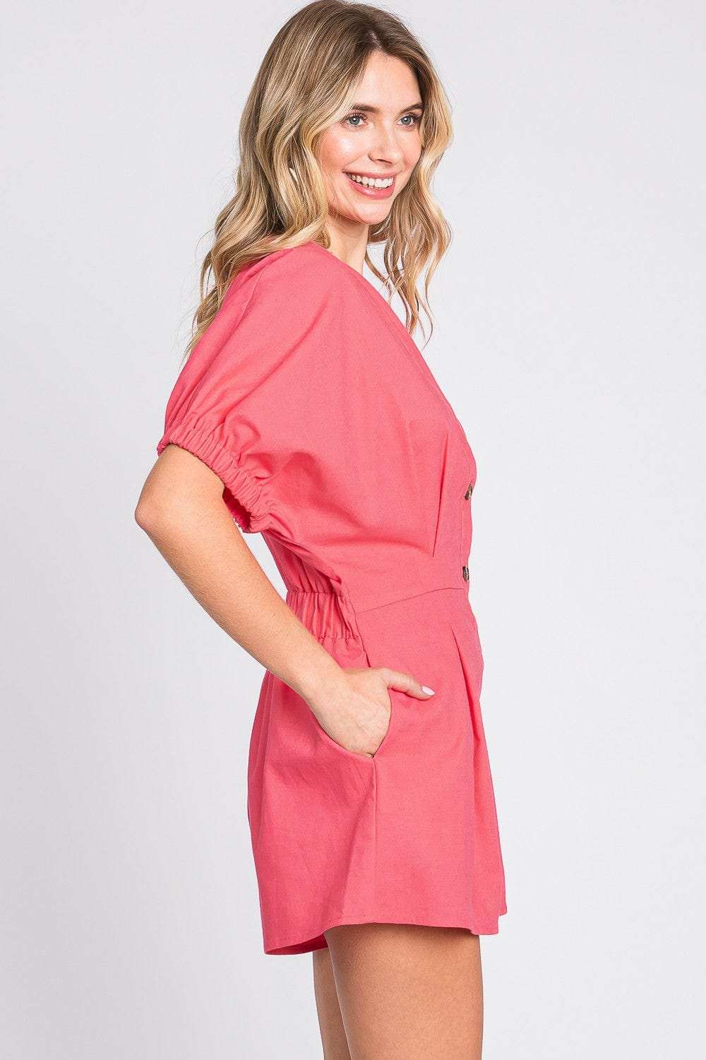GeeGee Half Button V-Neck Linen Romper - Trendsi - Flyclothing LLC