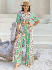 Printed Half Sleeve Top and Wide Leg Pants Set - Trendsi