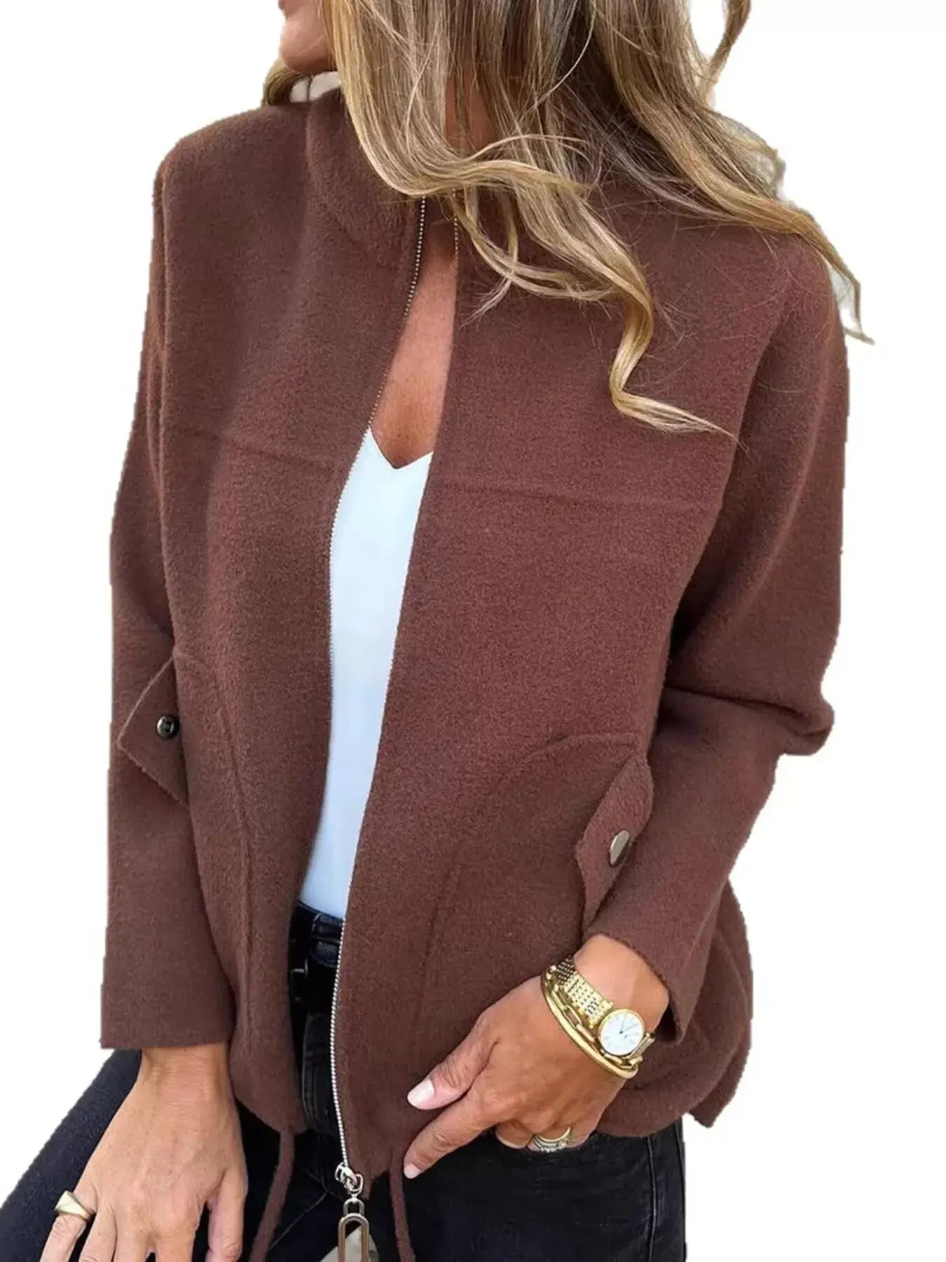 Full Size Textured Knit Zip Up Outerwear Plus Size - Trendsi - Flyclothing LLC
