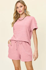 Double Take Full Size Texture Short Sleeve T-Shirt and Drawstring Shorts Set - Trendsi - Flyclothing LLC