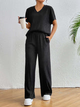 V-Neck Short Sleeve Top and Pants Set - Trendsi - Flyclothing LLC