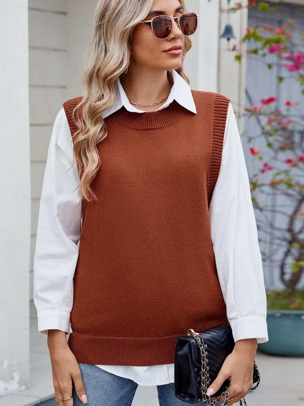 Buttoned Round Neck Sweater Vest - Trendsi - Flyclothing LLC