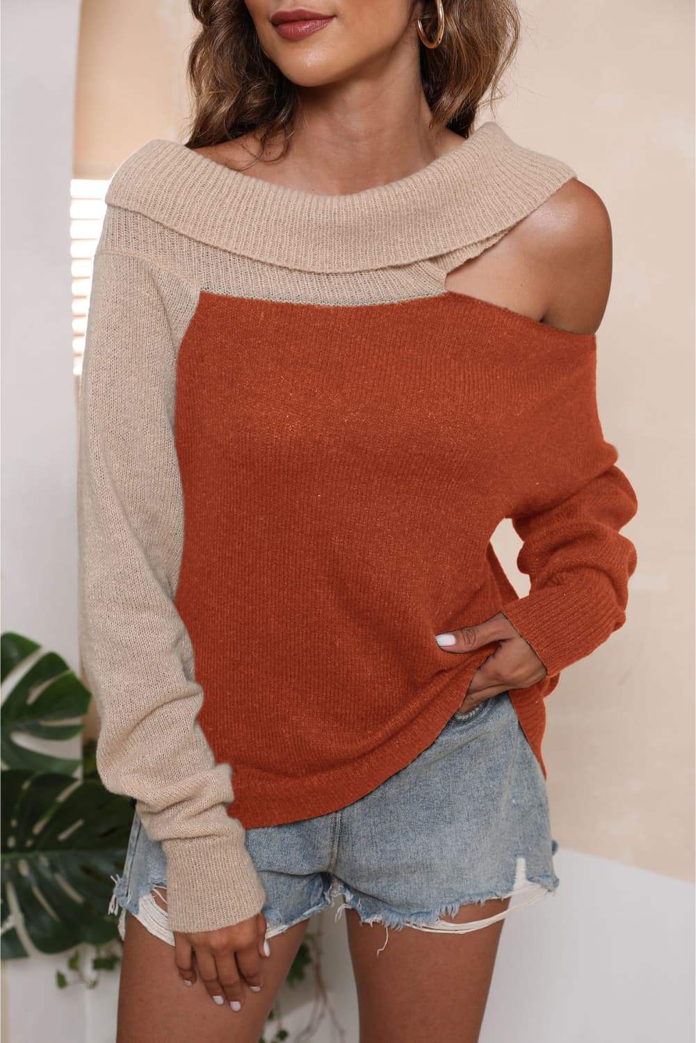 Asymmetrical Long Sleeve Two-Tone Cutout Sweater - Trendsi - Flyclothing LLC