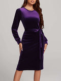 Round Neck Tie Waist Long Sleeve Velvet Dress - Trendsi - Flyclothing LLC