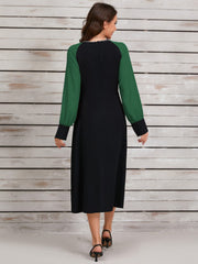 Ruched Contrast Long Sleeve Midi Dress - Trendsi
