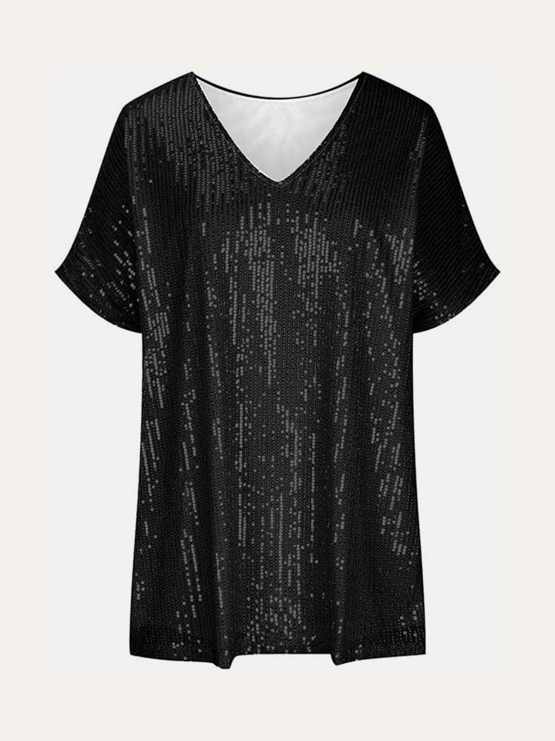 Full Size Sequin V-Neck Short Sleeve Top - Trendsi - Flyclothing LLC