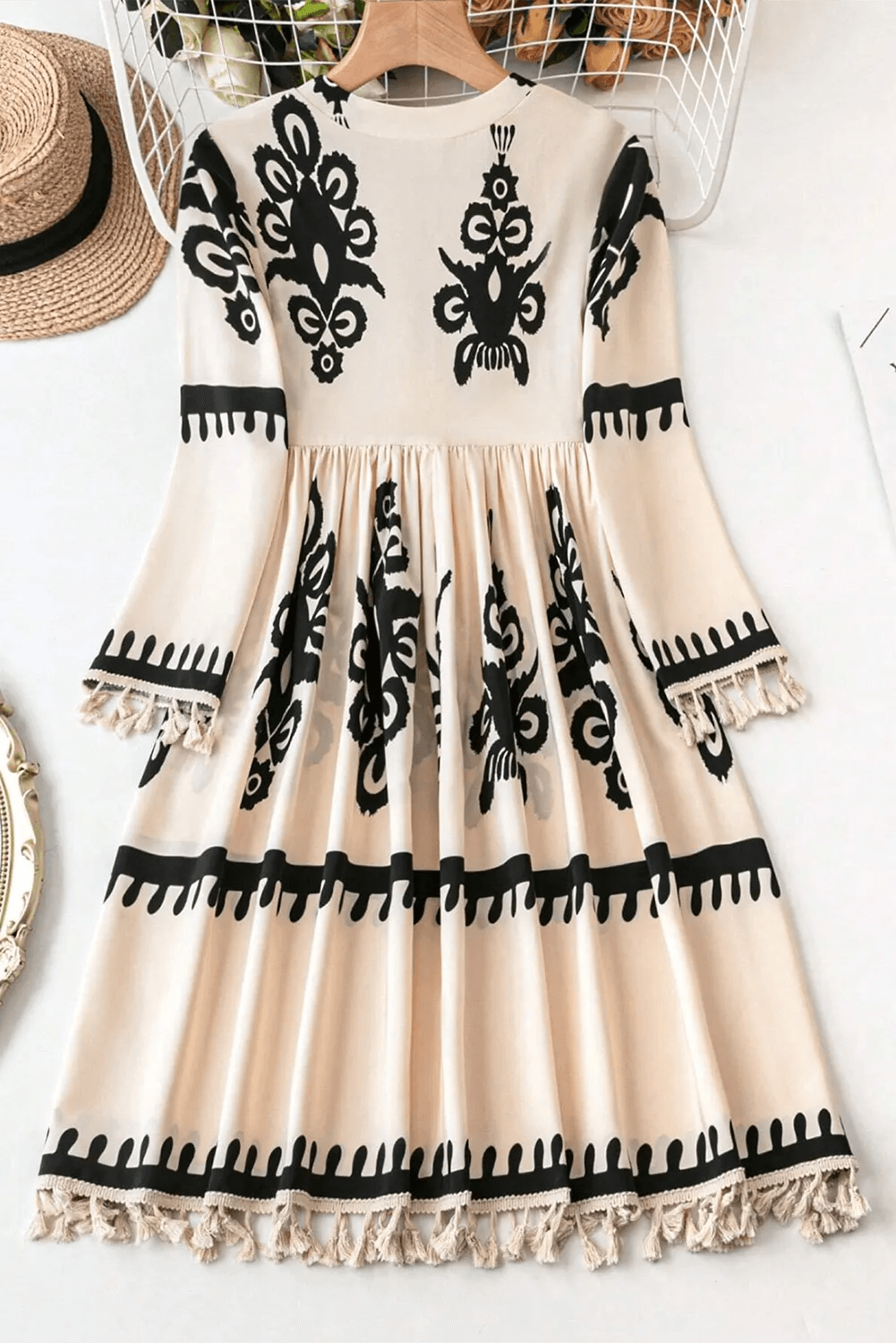 Tassel Printed Three-Quarter Sleeve Mini Dress - Trendsi - Flyclothing LLC