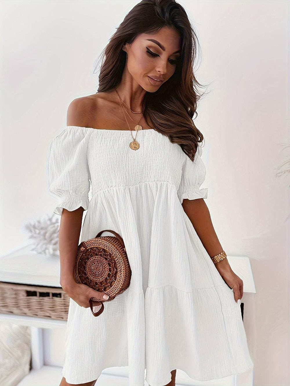 Full Size Ruffled Off-Shoulder Short Sleeve Dress - Trendsi - Flyclothing LLC