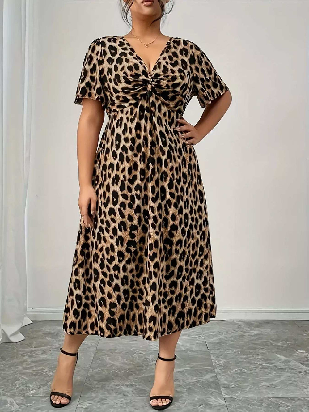 Plus Size Twisted Front Leopard Short Sleeve Dress - Trendsi - Flyclothing LLC