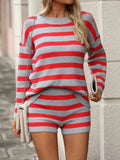 Striped Round Neck Top and Shorts Sweater Set - Trendsi - Flyclothing LLC
