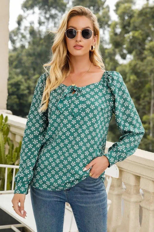 Floral Tied Printed Long Sleeve Blouse - Trendsi - Flyclothing LLC