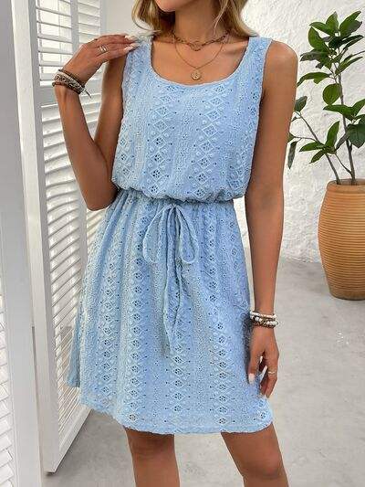 Eyelet Drawstring Round Neck Sleeveless Dress - Trendsi - Flyclothing LLC