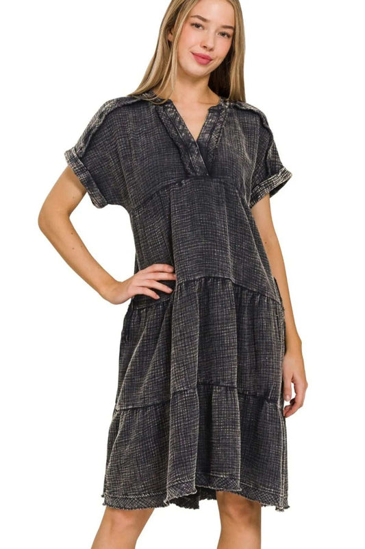 Zenana Washed Double Gauze Raw Edge V-neck Dress - Trendsi - Flyclothing LLC
