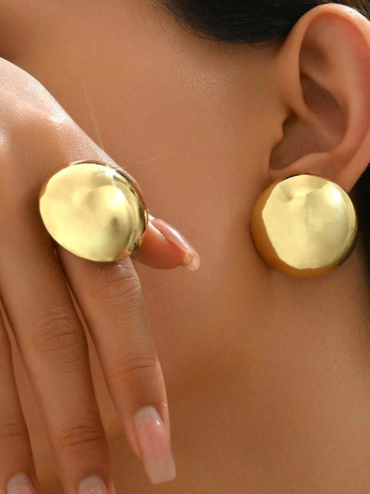 18K Gold-Plated Stainless Steel Dome Earrings and Ring Jewelry Set - Trendsi - Flyclothing LLC