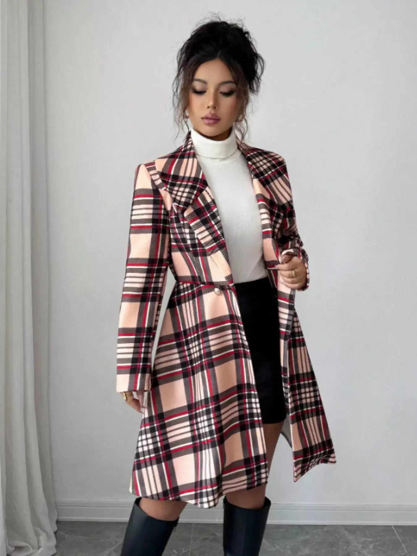 Plaid Button Up Long Sleeve Coat - Trendsi - Flyclothing LLC