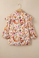 Abstract Print 3/4 Sleeve Ruffle Blouse - Trendsi - Flyclothing LLC