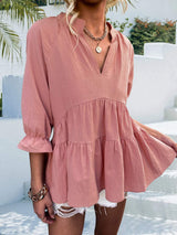 Ruffled Notched Three-Quarter Sleeve Blouse - Trendsi - Flyclothing LLC