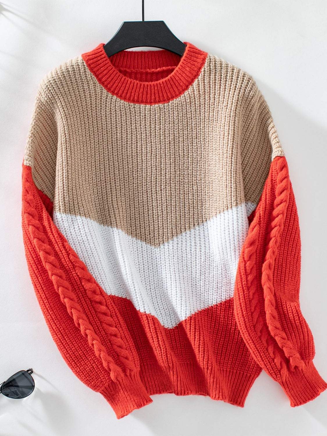 Contrast Round Neck Long Sleeve Sweater - Trendsi - Flyclothing LLC