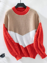 Contrast Round Neck Long Sleeve Sweater - Trendsi - Flyclothing LLC