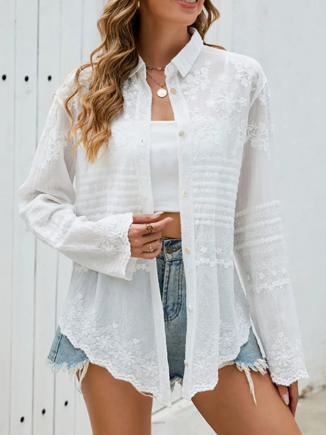 Button Down Collared Neck Long Sleeve Shirt - Trendsi - Flyclothing LLC