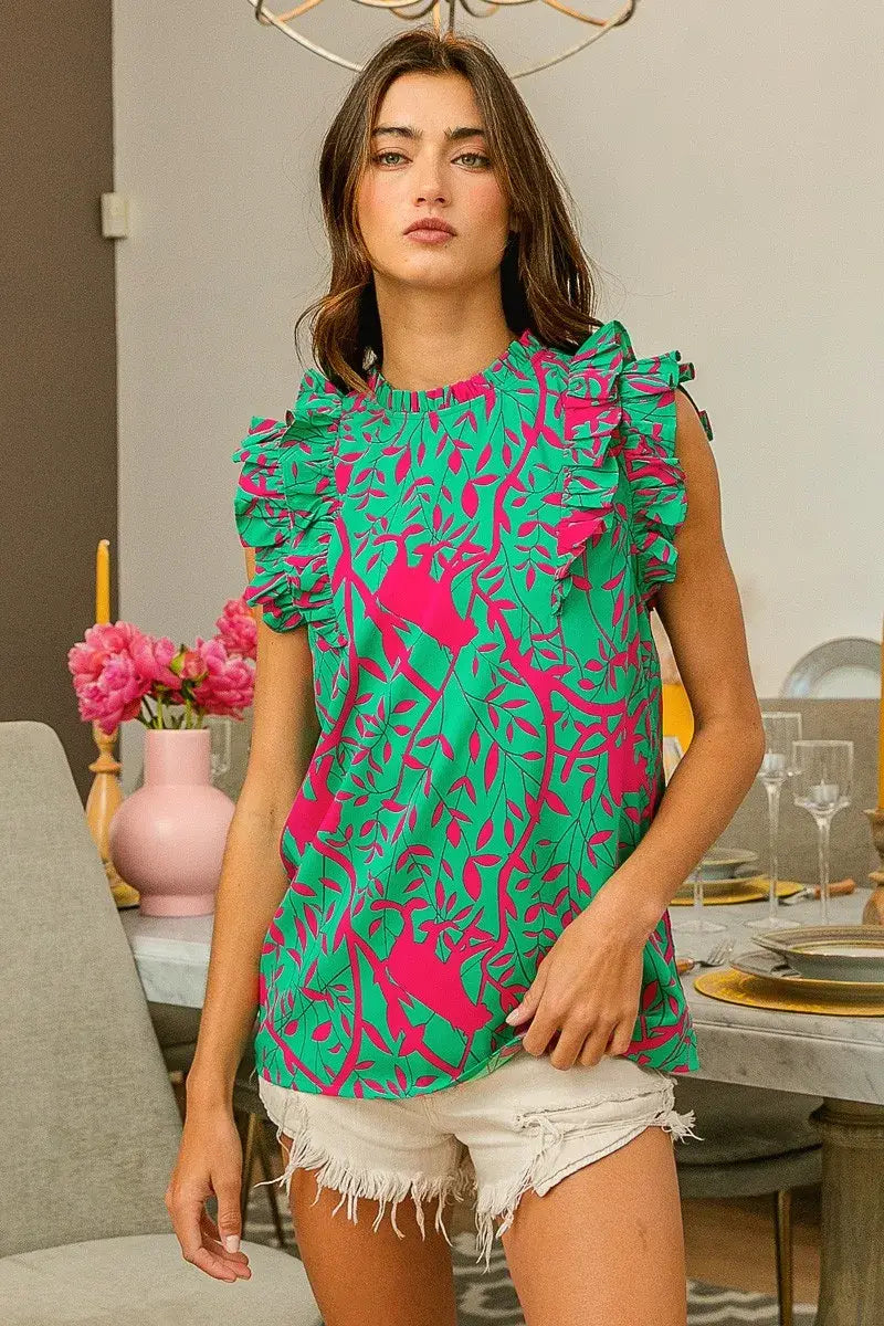 BiBi Leopard Leaves Print Woven Top - Trendsi - Flyclothing LLC