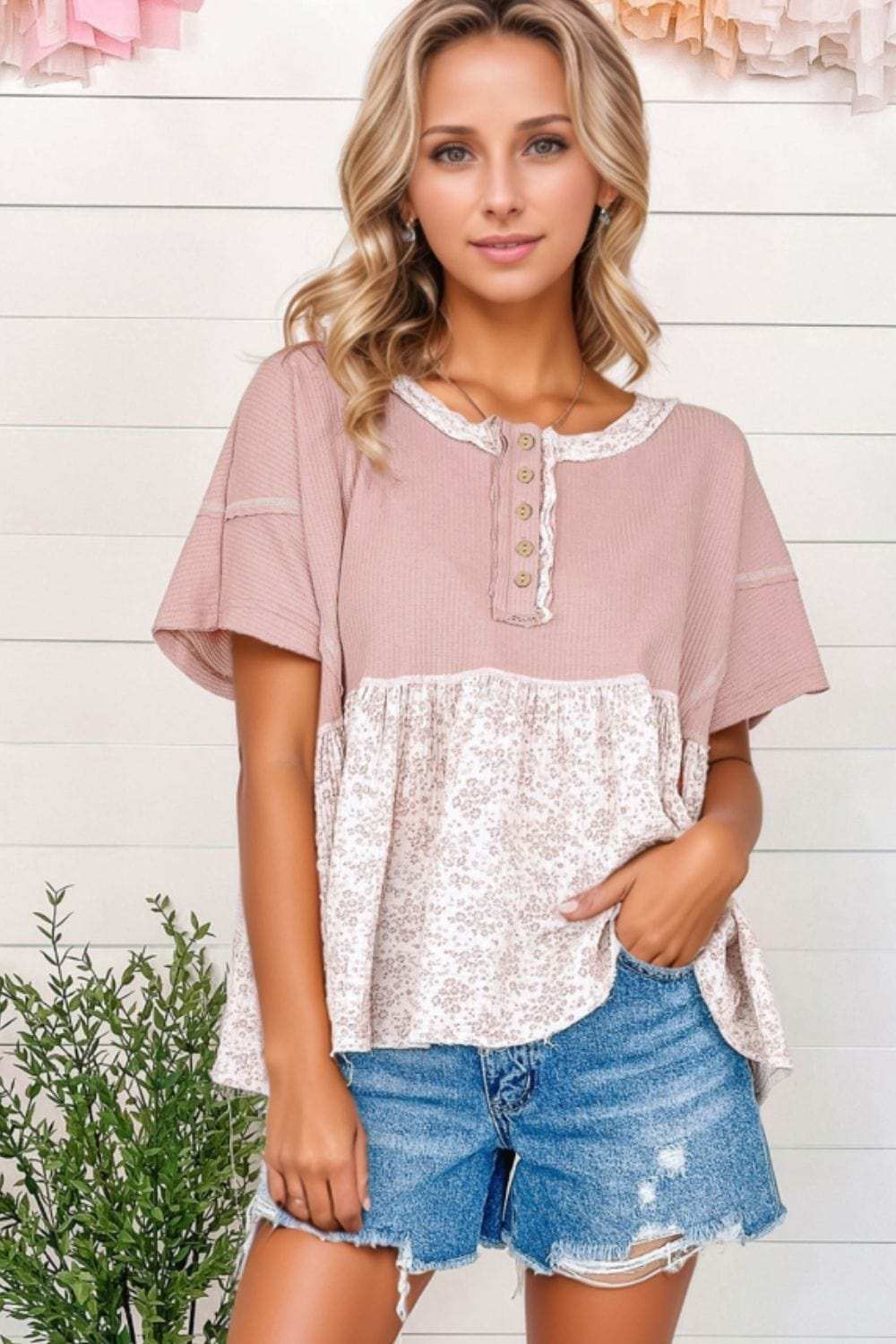 Waffle Floral Patchwork Exposed Seam Detail Short Sleeve Top - Trendsi - Flyclothing LLC