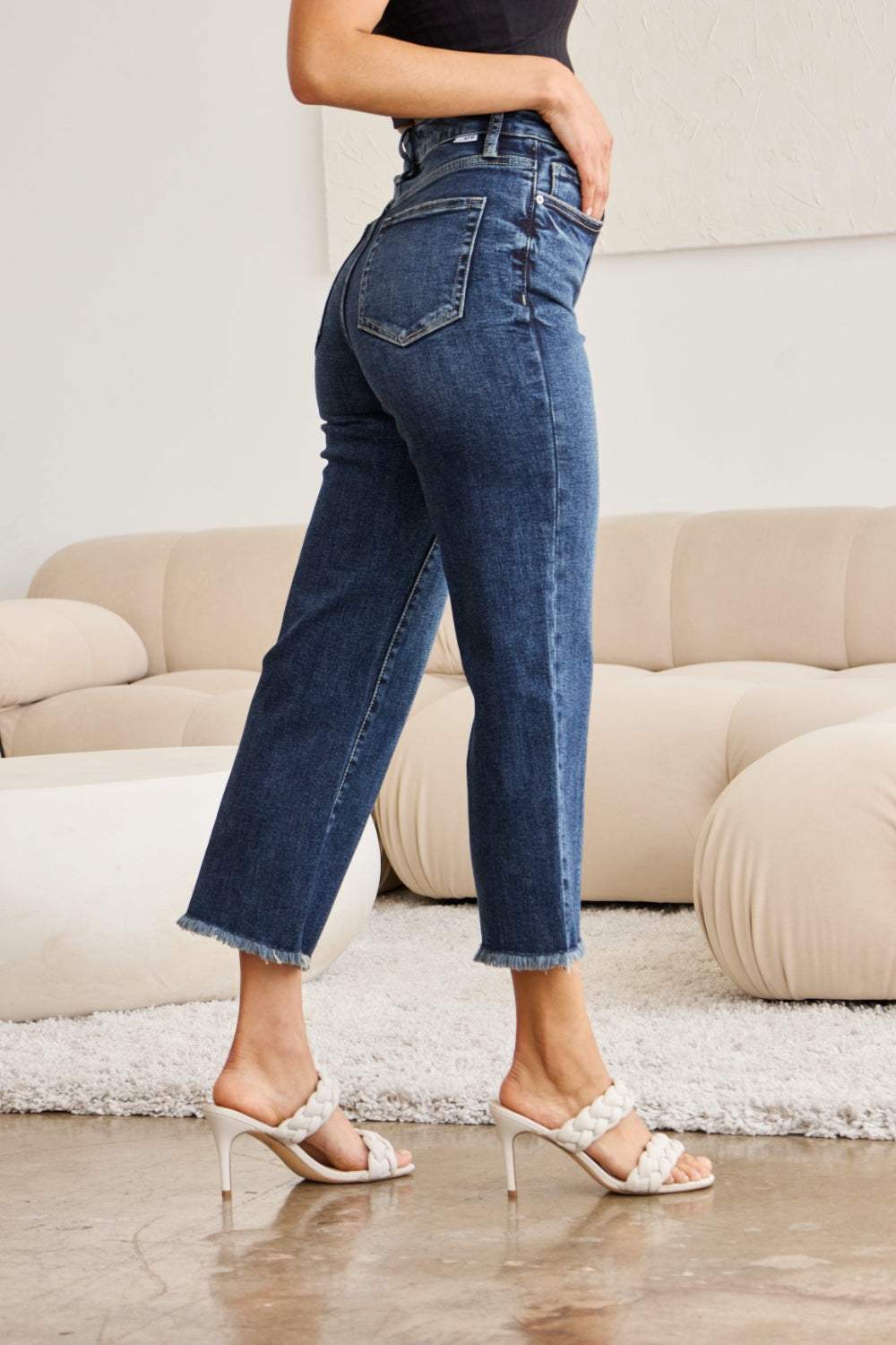 RFM Full Size Tummy Control High Waist Raw Hem Jeans - Trendsi - Flyclothing LLC