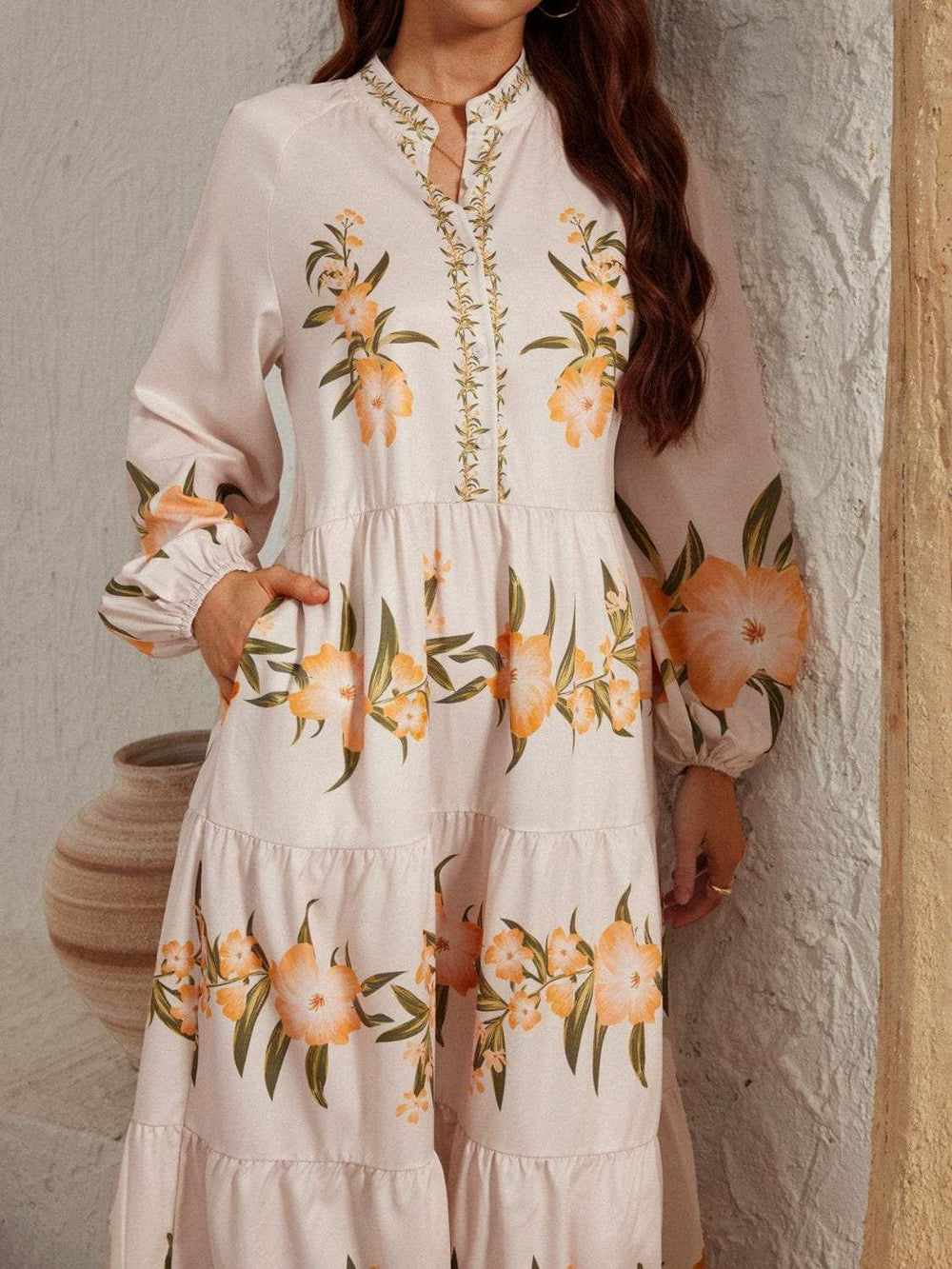 Printed Long Sleeve Midi Dress - Trendsi - Flyclothing LLC