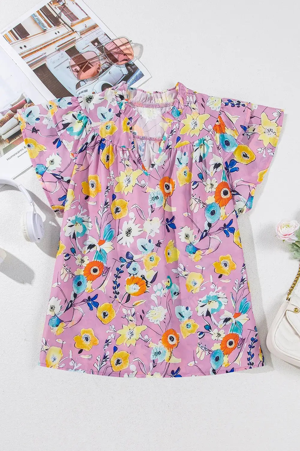 Printed Notched Double Layered Ruffle Sleeve Blouse - Trendsi - Flyclothing LLC