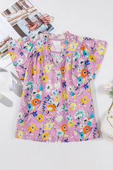 Printed Notched Double Layered Ruffle Sleeve Blouse - Trendsi - Flyclothing LLC