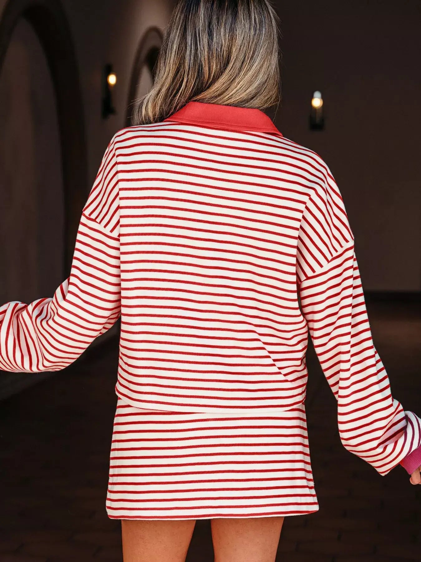 Stripe Collared V Neck Drop Shoulder Pullover and Skort 2pcs Outfit - Trendsi - Flyclothing LLC