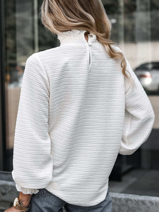 Smocked Frill Mock Neck Long Sleeve Blouse - Trendsi - Flyclothing LLC