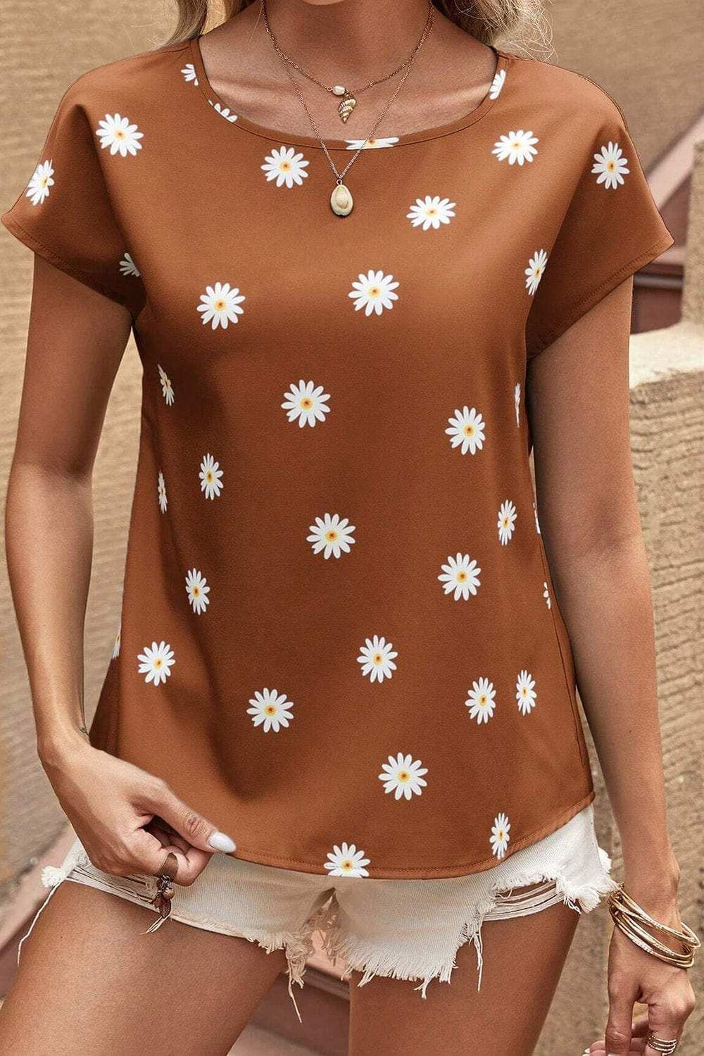 Daisy Printed Round Neck Short Sleeve Blouse - Trendsi - Flyclothing LLC