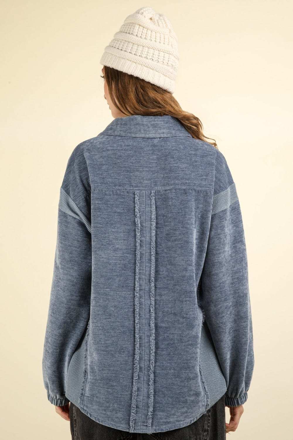 VERY J Mixed Media Button Down Raw Hem Shacket - Trendsi - Flyclothing LLC