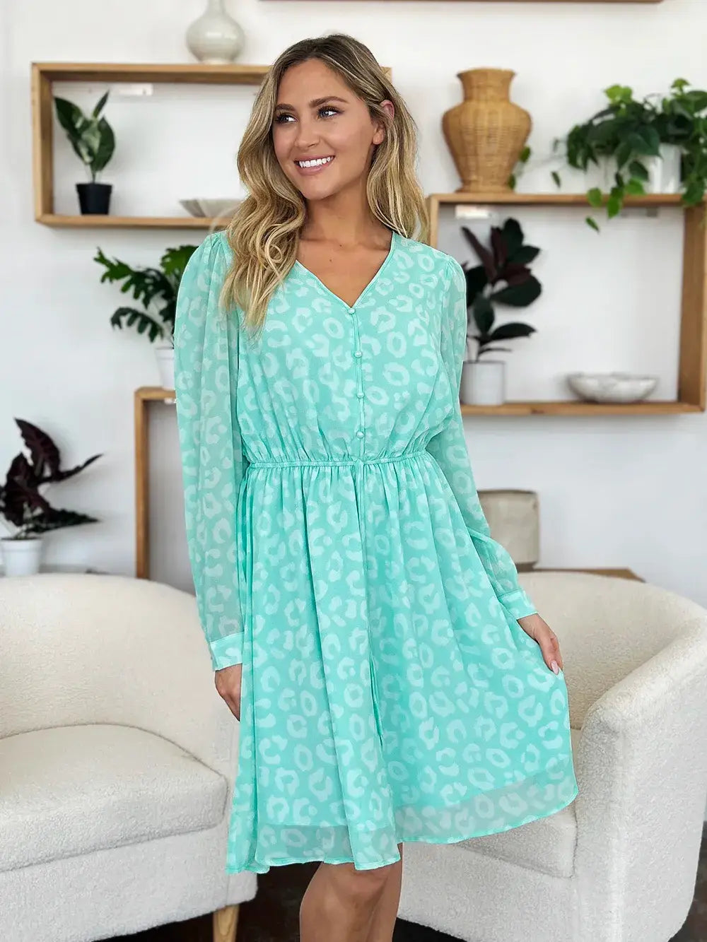 Double Take Full Size Printed Ruched V-Neck Long Sleeve Dress - Trendsi - Flyclothing LLC