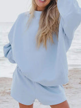 Relaxed Fit Round Neck Sweatshirt and Shorts Set - Trendsi - Flyclothing LLC