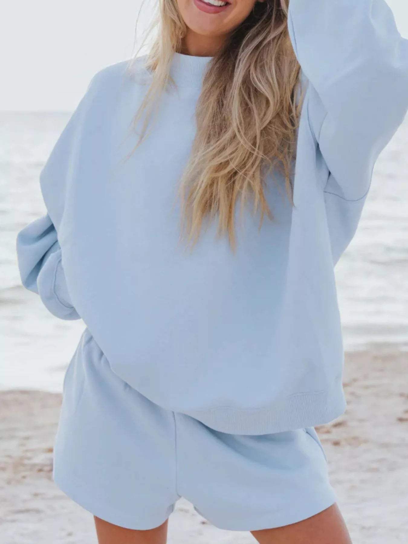 Relaxed Fit Round Neck Sweatshirt and Shorts Set - Trendsi - Flyclothing LLC