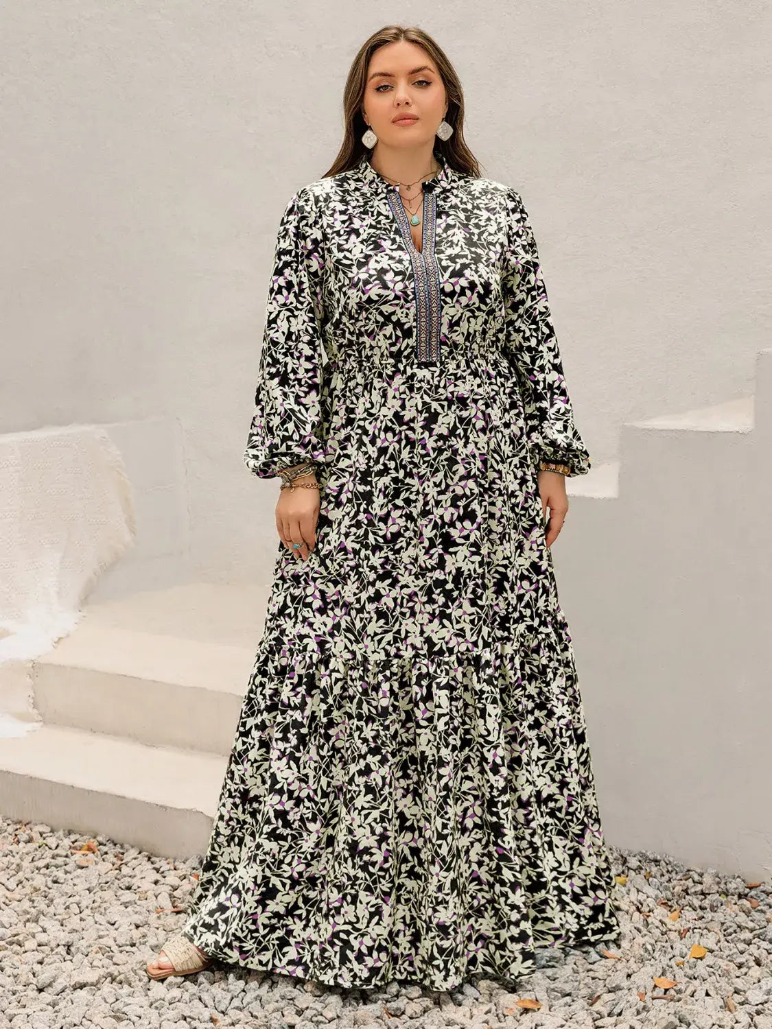 Plus Size Floral Print Long Sleeve Tiered Maxi Dress - Trendsi - Flyclothing LLC