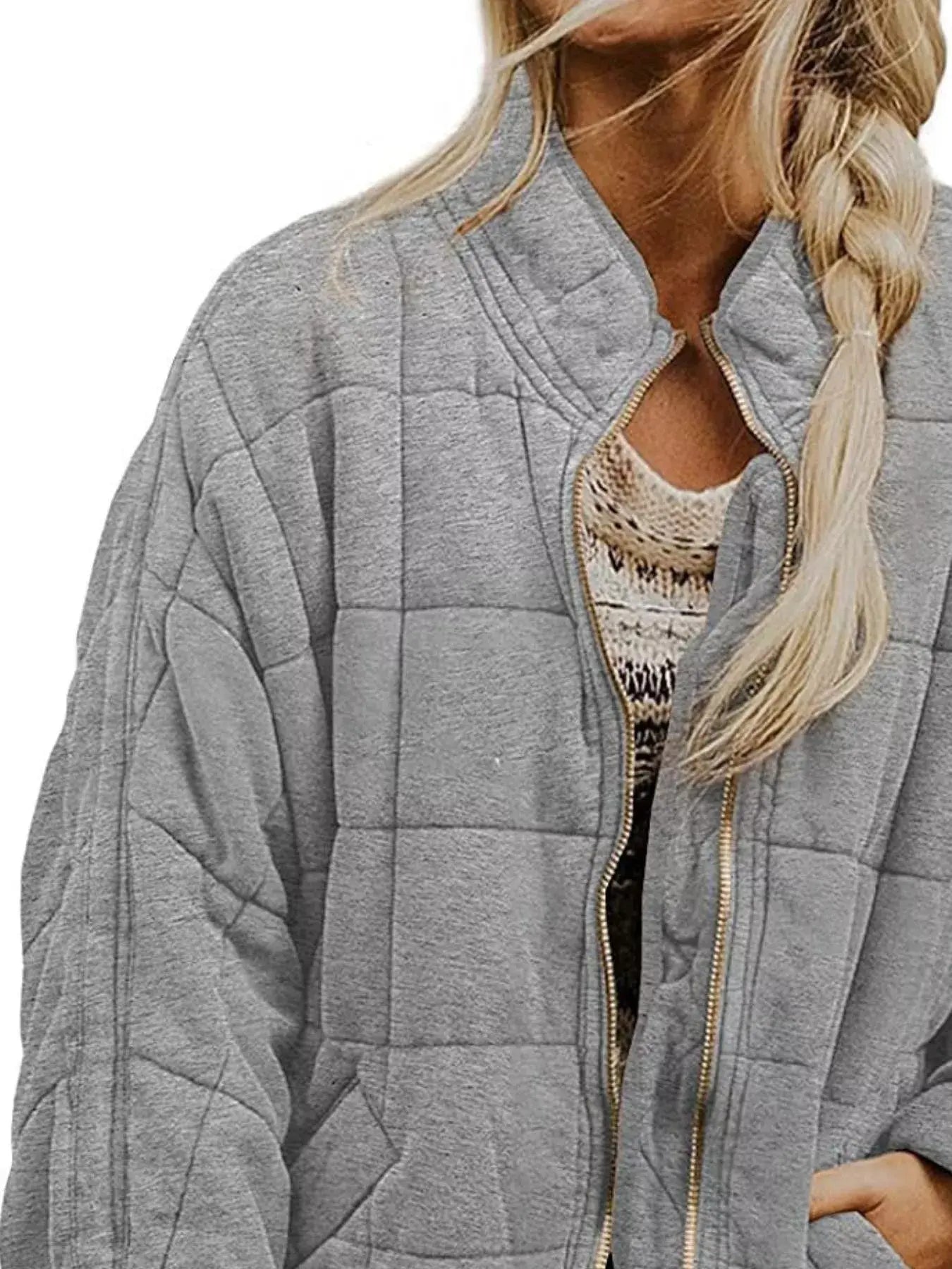 Full Size Zip Up Quilted Bomber Jacket Plus Size - Trendsi - Flyclothing LLC