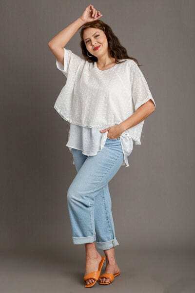 Umgee Full Size Eyelet Layered Short Sleeve Blouse Plus Size - Trendsi - Flyclothing LLC