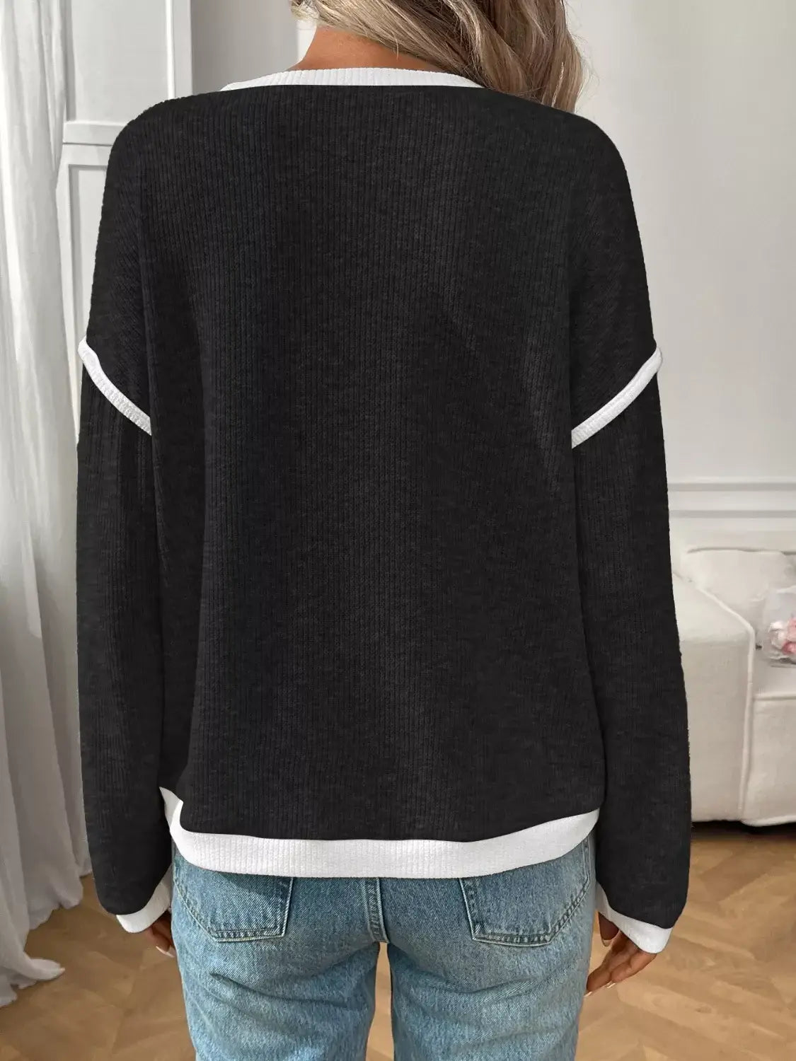 Ribbed Knit Contrast Trim Sweater - Trendsi - Flyclothing LLC
