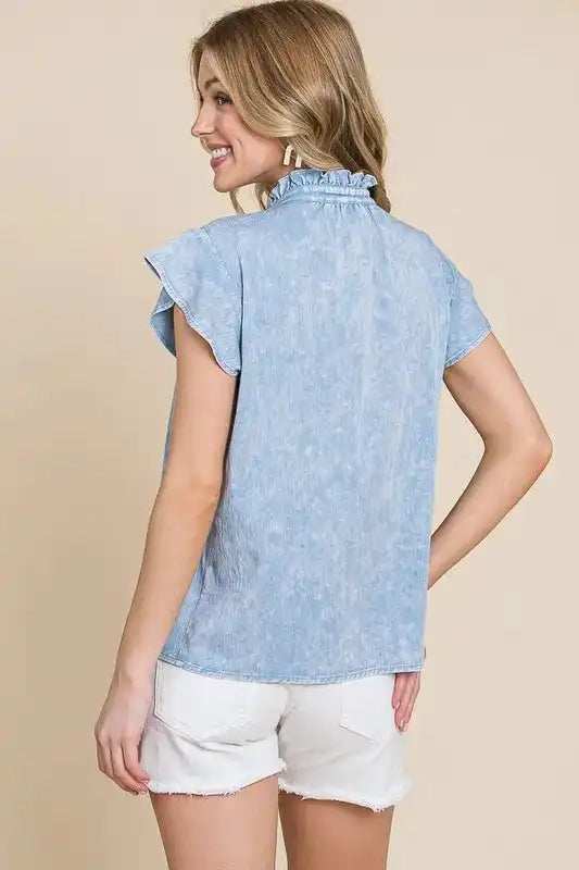Lime 'N' Chili Mineral Wash Flutter Sleeve Button Down Shirt - Trendsi - Flyclothing LLC