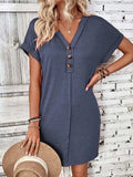 Quarter Button V-Neck Short Sleeve Dress - Trendsi - Flyclothing LLC