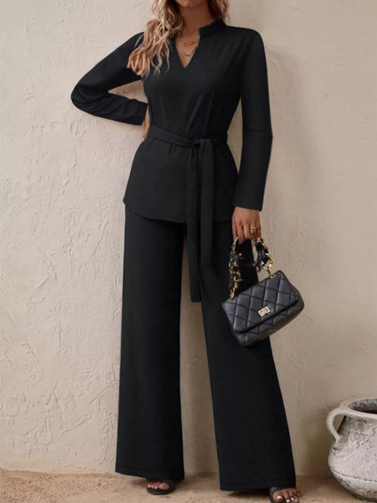Tie-Waist Long Sleeve Top and Pants Set - Trendsi - Flyclothing LLC