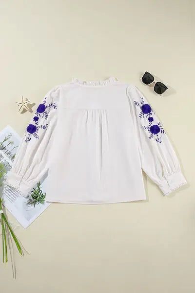 Frill Floral Embroidered Sleeve Shirt - Trendsi - Flyclothing LLC
