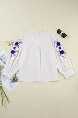 Frill Floral Embroidered Sleeve Shirt - Trendsi - Flyclothing LLC