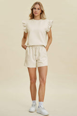 Double Take Full Size Texture Round Neck Ruffle Sleeve Top and Shorts Set - Trendsi - Flyclothing LLC