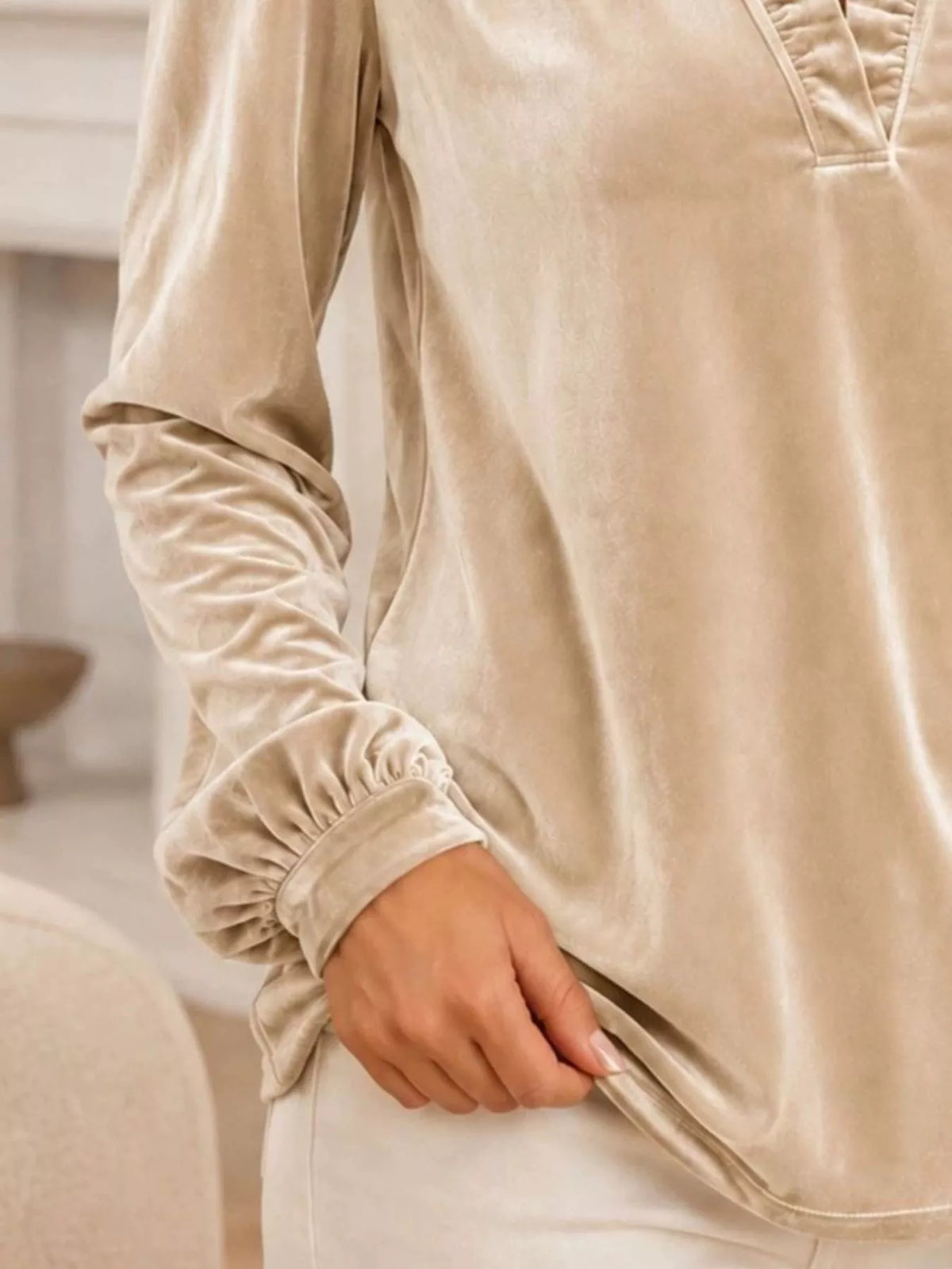 V-Neck Ruffle Trim Velvet Blouse - Trendsi - Flyclothing LLC