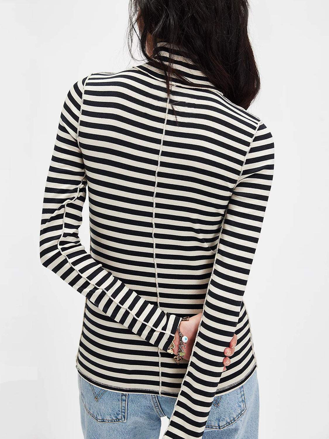 Exposed Seam Striped Turtleneck Long Sleeve T-Shirt - Trendsi - Flyclothing LLC
